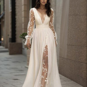 Evening Gown Deep V-neck Long-sleeved Wedding Dress Long Skirt