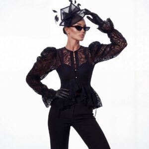 Round-neck Flared-sleeve Slim-fit Asymmetrical Blouse