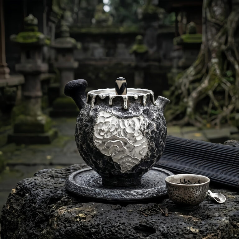 Pure 999 Fine Silver Handcrafted Textured Teapot with Silver-Tone Dripping Accents and Intricate White Floral Relief Design – Handicraft