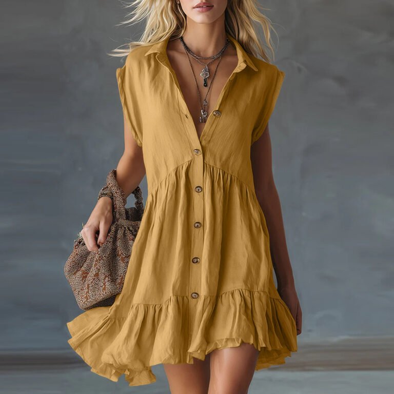 Loose Casual Shirt Dress With A Ruffled Hem And Collar