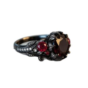 Ruby-red Vintage Floral And Leaf Ring Dark-themed Style