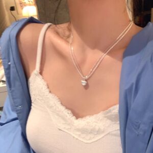 1pc 999 Sterling Silver Sparkling Beaded Chain With Heart Pendant Necklace, Minimalist Luxurious Style, Perfect For Daily Wear & Valentine's Gifts