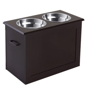 Futterstation, 2 Fressnäpfe Aus Edelstahl, Versteckter Stauraum, 60 Cm X 30 Cm X 41 Cm, Schwarz + Silber