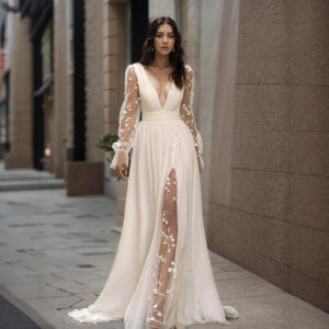 Evening Gown Deep V-neck Long-sleeved Wedding Dress Long Skirt