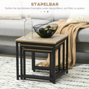 Satztisch-Set Aus 3 Beistelltischen, Industrial Design, Schwarzer Stahlrahmen, Tischplatte In Holzoptik
