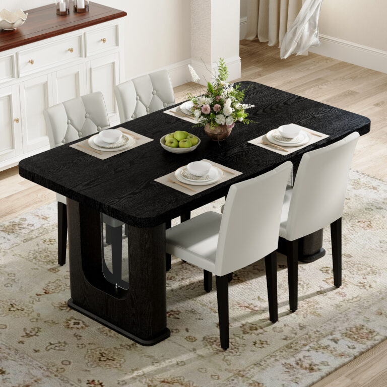 Table And Chair Set.64.5 X 35.4 Inch Stylish Black Wood Color Textured Dining Table.4-pack White PU Dining Chairs Ergonomic Buckle Backrest.Exudes A Strong Sense Of Fashion.