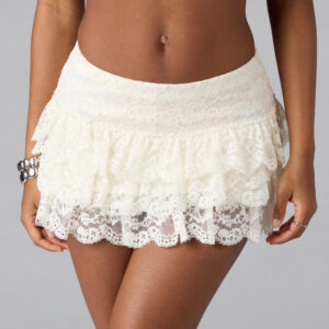 Womens Sexy Solid-Color Lace-Trimmed Short Skirt