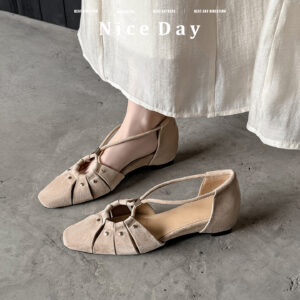 Handcrafted Full-Grain Leather Cage Sandals, Women's Vintage Woven Square Toe T-Strap Flats