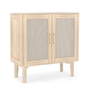 Buffet Cabinet With Rattan Decor Doors Solid Wood Feet Multifunctional Sideboard Cabinet For Dining Room Kitchen Light Oak