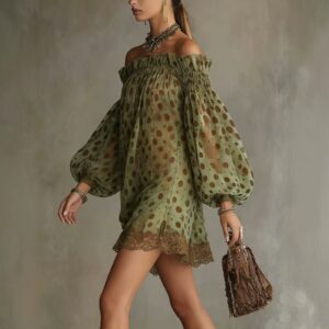 Womens Off-shoulder Printed Chiffon Dress With Puff Sleeves