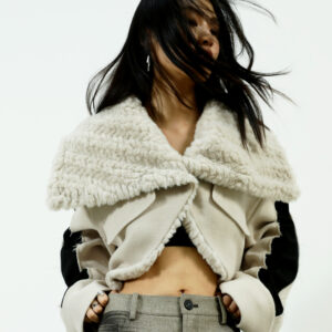 Color-blocked Raw-edged Patchwork Wool Short Coat With A Large Lapel