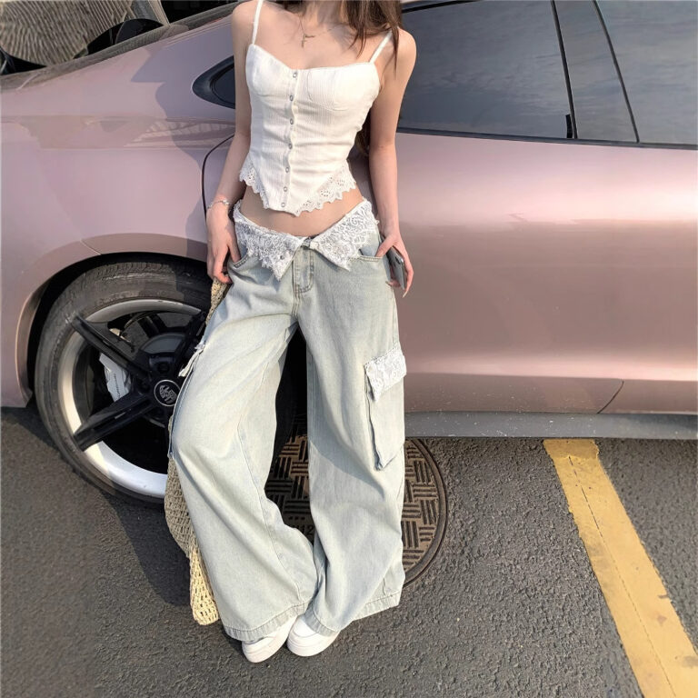 Street Style Lace Paneling Designer Jeans