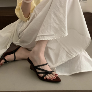 French Resort Roman Style Two-way Wear Sandals, Pointed Toe Golden Thin Strap Wedge Heel Women’s Outdoor Summer Slides