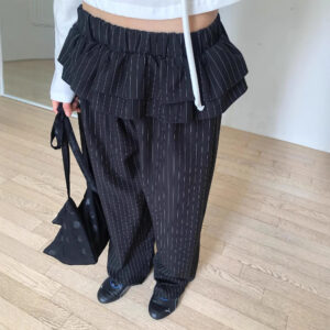 Vertical-striped Double-layered Skirt Hem Faux Two-piece Casual Pants