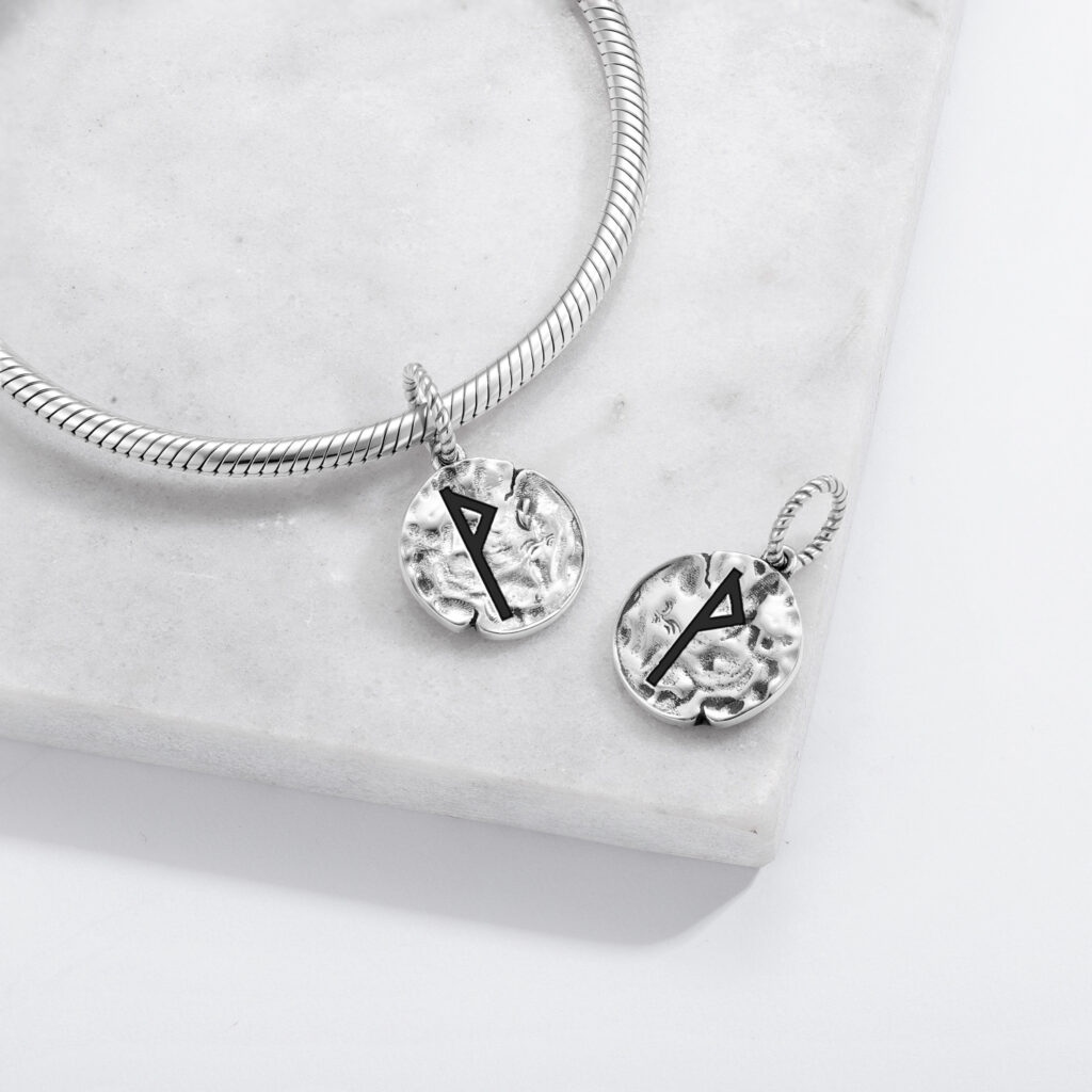 Norse Runes Wunjo Symbol 925 Sterling Silver Hand Textured Dangle Charm For Charm Bracelets