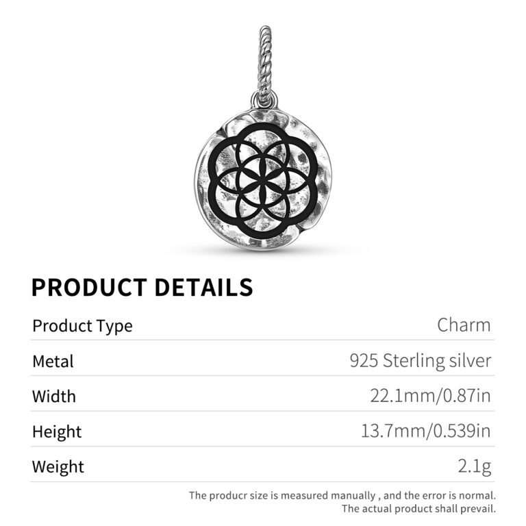Sacred Geometry Seed Of Life Symbol 925 Sterling Silver Hand Textured Dangle Charm For Charm Bracelets
