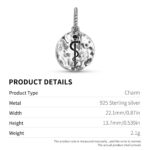 Charm Rod OfAsclepius Symbol 925 Sterling Silver Hand Textured Dangle Charm For Charm Bracelets