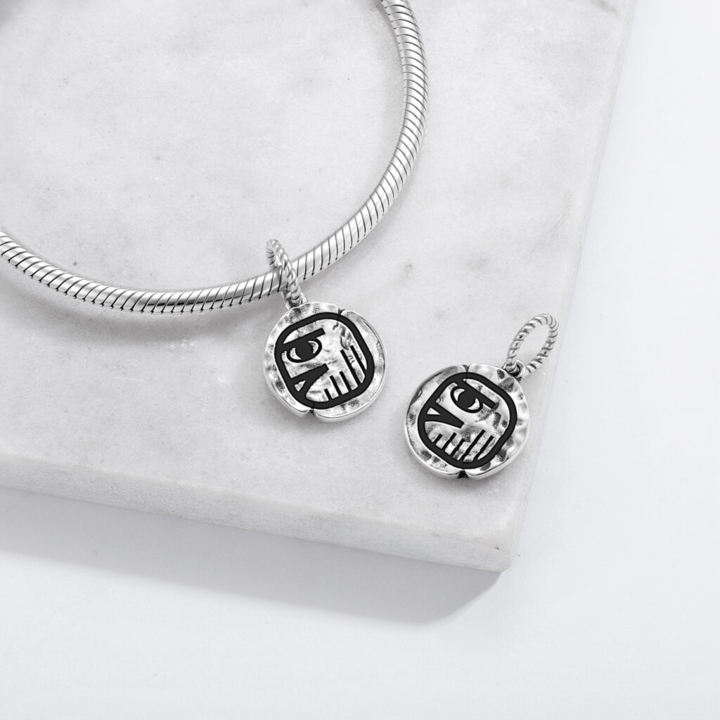 Mayan Men Symbol 925 Sterling Silver Hand Textured Dangle Charm For Charm Bracelets