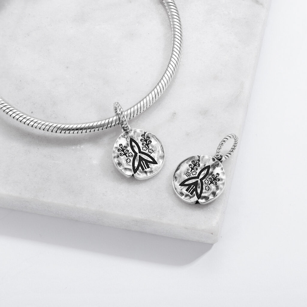 Japanese Fukushima Symbol 925 Sterling Silver Hand Textured Dangle Charm For Charm Bracelets
