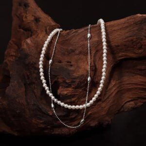 1pc 999 Sterling Silver Double-Layer Natural Pearl Thin Chain Necklace, Minimalist Elegant Style, Perfect For Daily Wear & Valentine's Gifts