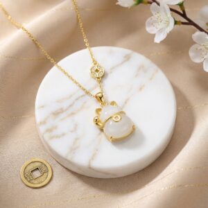 925 Sterling Silver Elegant Maneki-Neko White Jade Gemstone Pendant Necklace with Lucky Coin Charm Detail