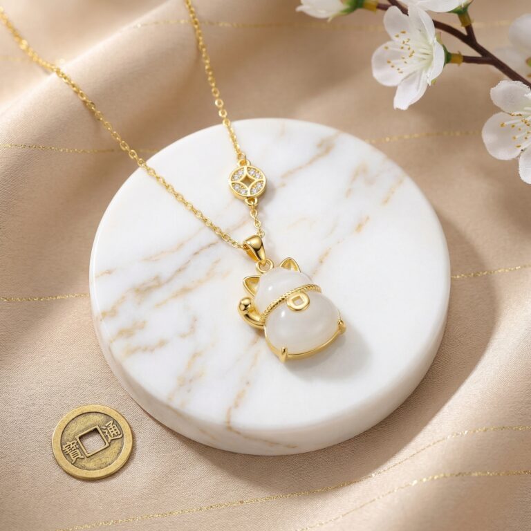 925 Sterling Silver Elegant Maneki-Neko White Jade Gemstone Pendant Necklace with Lucky Coin Charm Detail