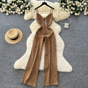 Niche-design Hollow-out Strap-waistband Denim Jumpsuit