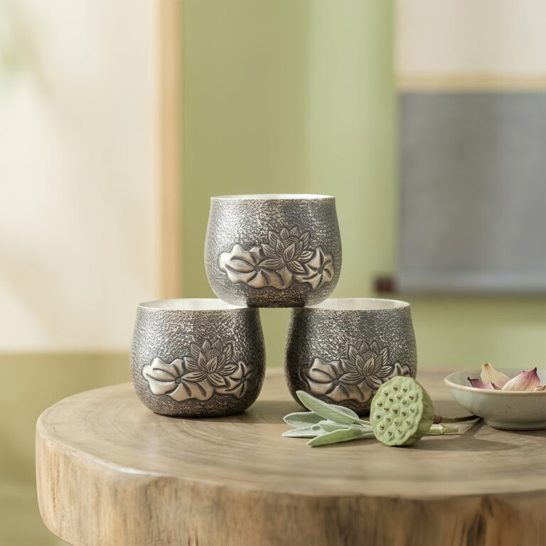 925 Sterling Silver Elegant Hammered Metal Cups with Embossed Lotus Bloom Designs - Handicraft
