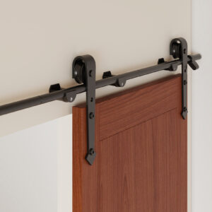 6FT Barn Door Hardware Kit Heavy Duty Sliding Door Track Kit With Floor Guide For Interior Exterior Fit 30-32in Wide Panel Sword Style J Shape Hanger