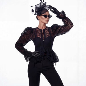 Round-neck Flared-sleeve Slim-fit Asymmetrical Blouse