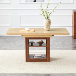 An Expandable Dining Table With Storage Space, A 59 Inch To 71 Inch Expandable Kitchen Dining Table. Wood Color Rectangular Pull Table With Sturdy MDF Frame In Walnut Color, Accommodating 4-8 People.
