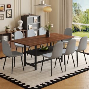 Table And Chair Set.71x35.4 Inch Fashionable Walnut Grain Dining Table, A Practical Choice To Add Color To The Home.Paired With 8 Light Gray Linen-Cotton Material High Resilience Dining Chairs.