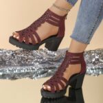Openwork European And American Vintage-style Versatile High-heeled Sandals With A Back Zipper