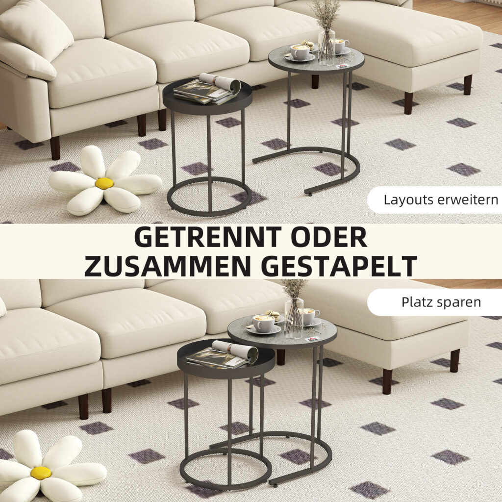 2er-Set Wohnzimmertische, Ineinander Verschiebbar, Tablett-Design, Metall, Grau