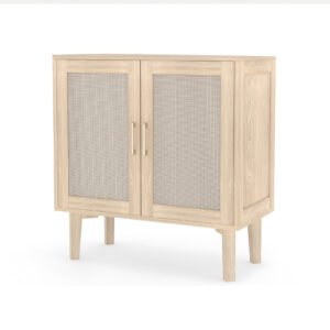 Buffet Cabinet With Rattan Decor Doors Solid Wood Feet Multifunctional Sideboard Cabinet For Dining Room Kitchen Light Oak