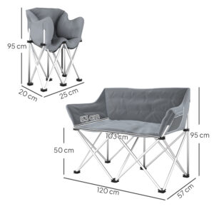 Faltstuhl 2 Sitzer Faltbar Campingstuhl Mit Armlehnen Seitentasche Bis 240kg Belastbar Grau