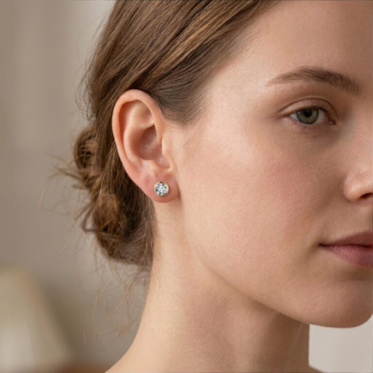 925 Sterling Silver Classic Round CZ Stud Earrings in 14K Gold with Four-Prong Setting