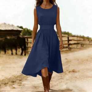 Womens Summer Sleeveless Solid-Color Cotton-Linen Dress With Round Neck And Defined Waist Casual Style