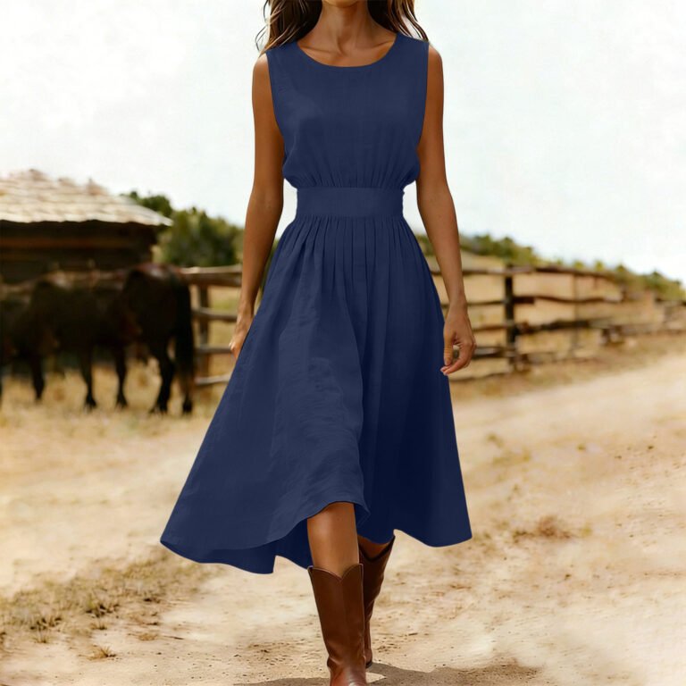 Womens Summer Sleeveless Solid-Color Cotton-Linen Dress With Round Neck And Defined Waist Casual Style