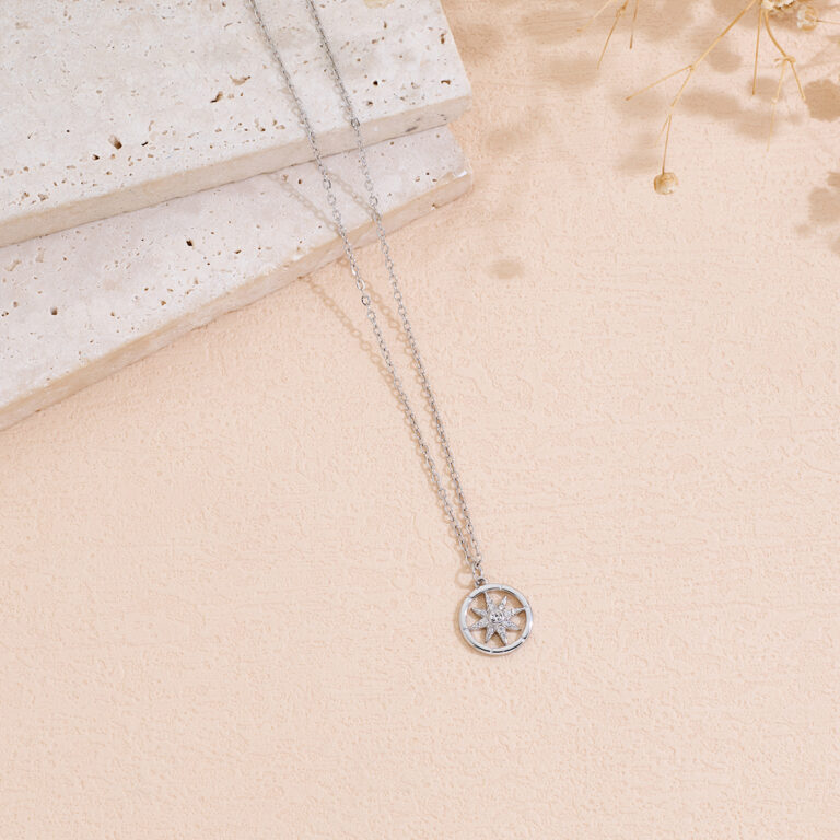A Hollow Inlaid Rhinestone Octagonal Star Shaped Stainless Steel UV Plated Pendant Necklace