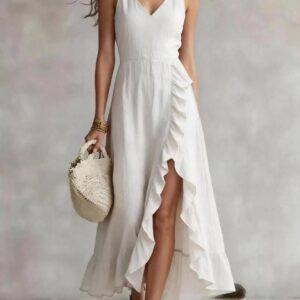 Womens V-neck Sleeveless Flounced Hem Split Dress