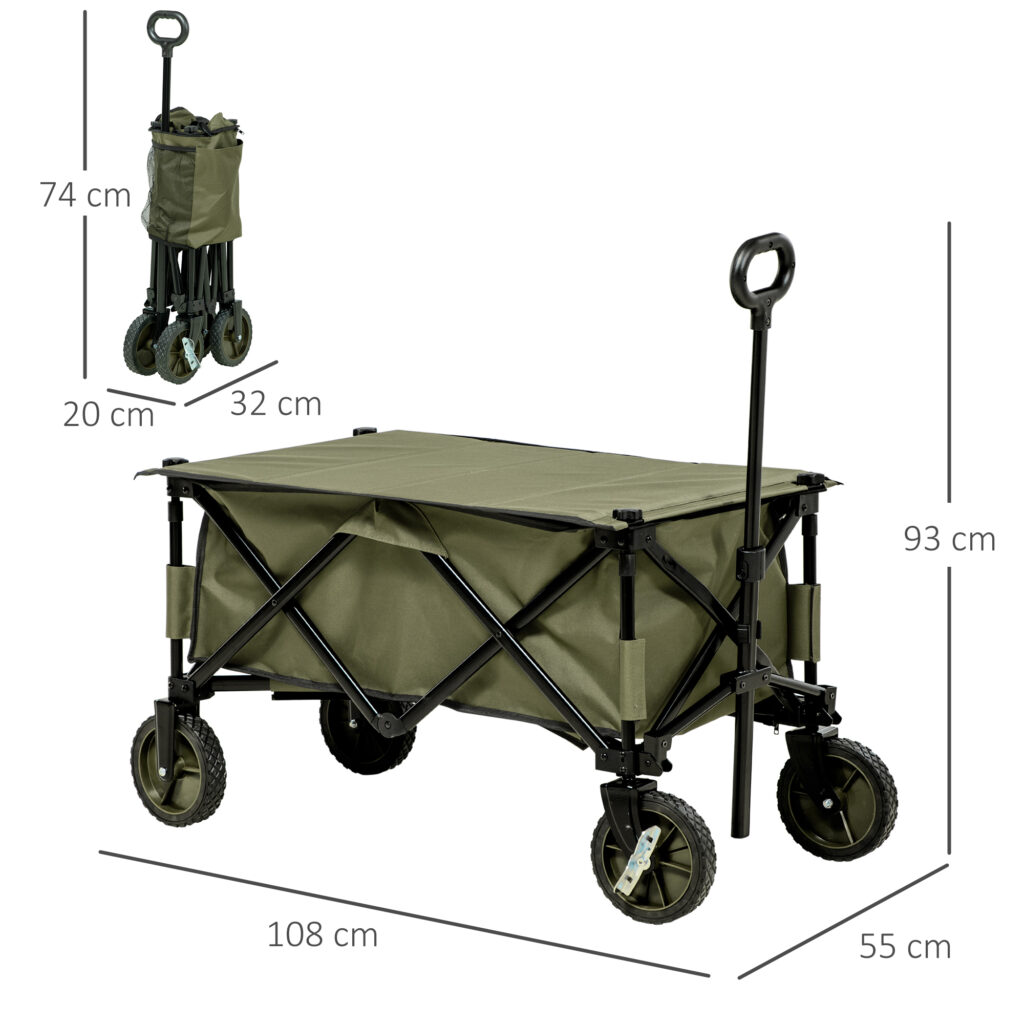 Bollerwagen, Klappbar, 5 Seitentaschen, Einziehbare Griff, Bis 120 Kg Belastbar, Stahl, 108 X 55 X 93 Cm, Grün