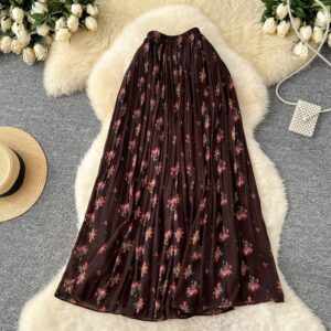Sweet And Gentle Style High-Waisted Slimming Drapey Pleated Mid-Length A-Line Skirt