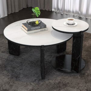 Set Of 2 Round Nesting Coffee Table For Small Place,living Room End Table With White Sintered Stone Top, 32.68 16.93 Diameter Side Table Night Stand For Bed Room Dining Room,83 43cm Sofa Table