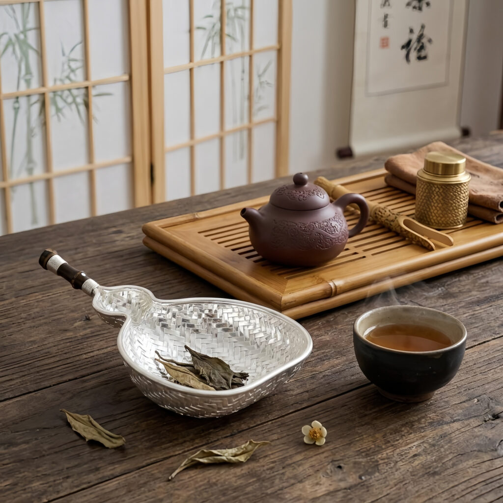 Pure 999 Fine Silver Handcrafted Silver Woven Gourd-Shaped Scoop with Bamboo Handle - Handicraft
