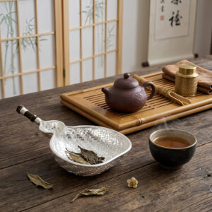 Pure 999 Fine Silver Handcrafted Silver Woven Gourd-Shaped Scoop with Bamboo Handle - Handicraft