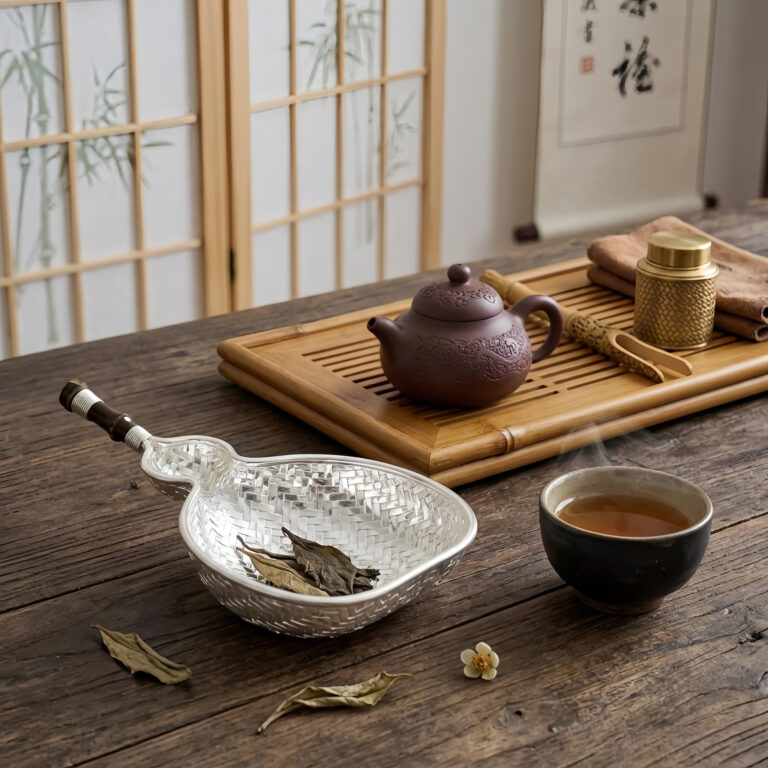 Pure 999 Fine Silver Handcrafted Silver Woven Gourd-Shaped Scoop with Bamboo Handle – Handicraft