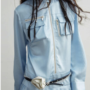Three-dimensional Pocket Blue Satin Shirt Skirt