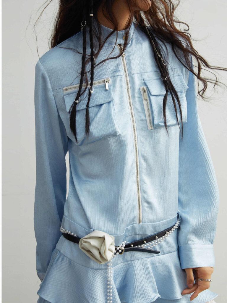 Three-dimensional Pocket Blue Satin Shirt Skirt