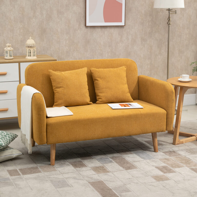 Sofa 2 Sitzer Couch Mit 2 Wurfkissen, Kleine Loveseat Mit Samtopik Modern Polstersofa Für Wohnzimmer, Schlafzimmer, Kleinen Raum, Gelb 130 X 70 X 80 Cm